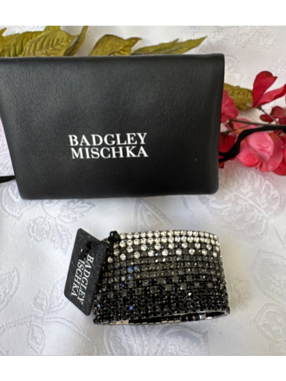 Badgley Mishka Black Silvertone Rhinestone Hematite Crystal Wide Bracelet NEW